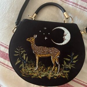Embroidered Black Handbag with Deer and Moon Design